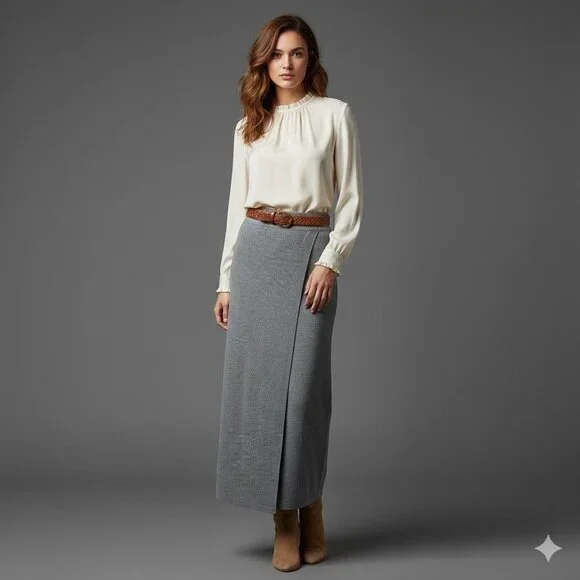 J.Crew Womens XS Gray Merino Wool Blend Wrap Style Midi Skirt - Picture 1 of 12